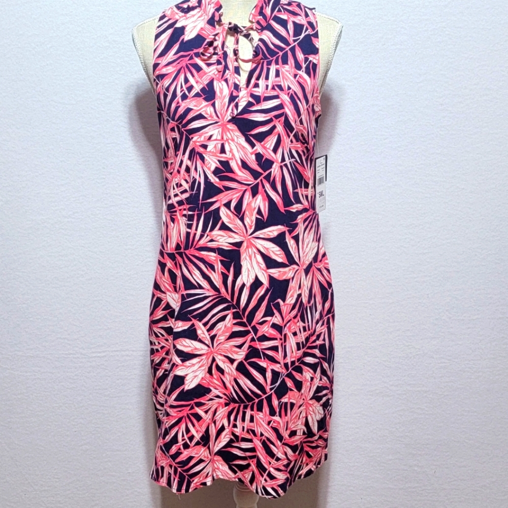 NWT!! Sandra Darren Tropical Pink and Navy Dress. Size‎ S. #634